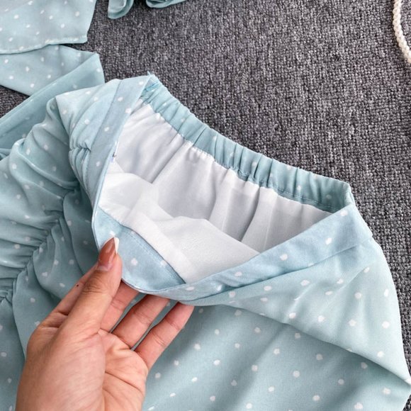 Sexy Polka Dot Chiffon Elegant Flare Sleeve Short Tops And Skirt - Picture 6 of 9